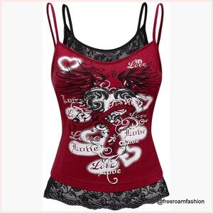 Women's Y2K Gothic Graphic Cami Top Lace Trim Spaghetti Strap Crop Top